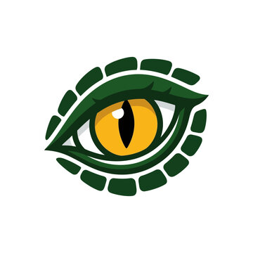 Close up stylized green reptilian or dragon eye logo.