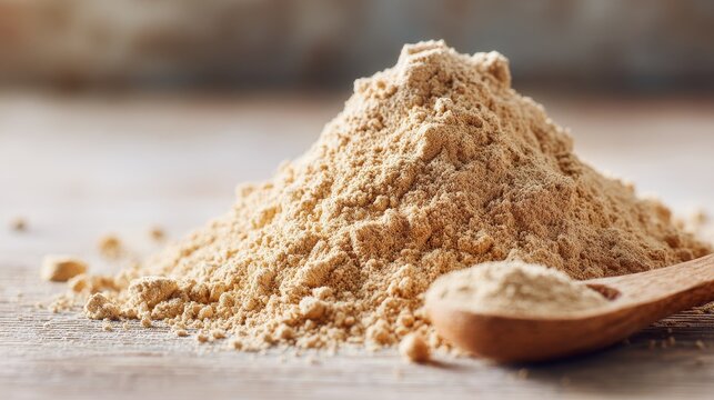 Healthful maca powder ingredient as a fine spice on smooth wood