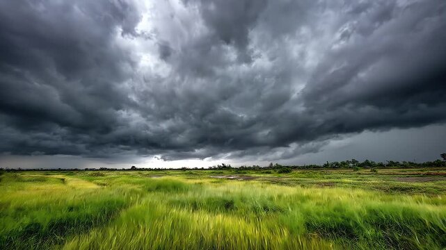 Dramatic dark storm clouds rolling over green grassland