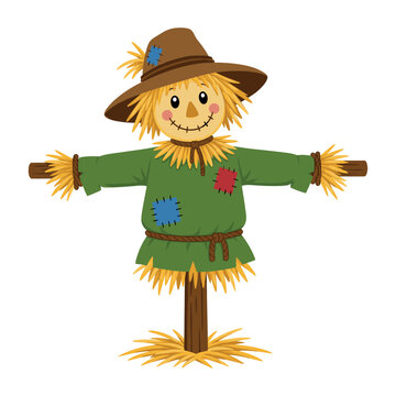 Cartoon scarecrow protecting autumn farm crops, standing in a field wearing a patched green shirt and hat