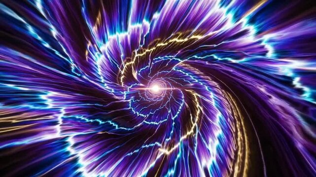 Swirling electric vortex tunnel with blue and gold lightning, rapid spiral core and particle streaks creating intense warp effect psychedelic energy flow, highcontrast glow and cinematic motion.