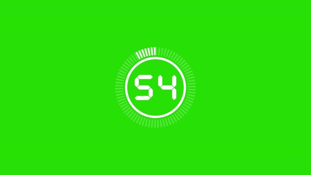Simple 60 second digital countdown timer with white numbers and circular frame on green screen background for easy transparency and alpha channel effects in video editing