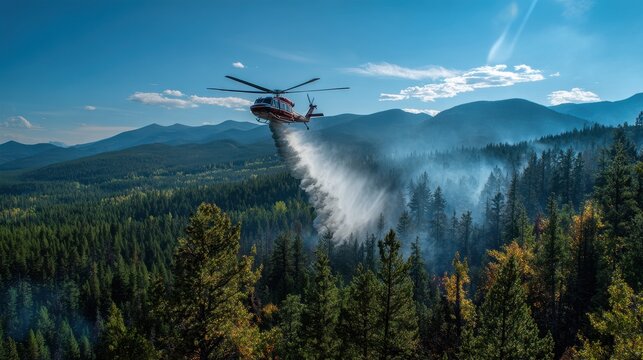 Aerial firefighting helicopter releasing water over a forest fire with smoky skies