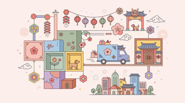 Abstract logistics infographic with traditional Chinese cultural symbols.
