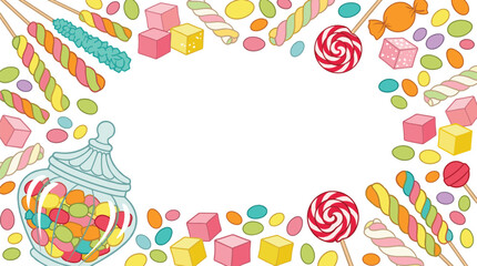 Fototapeta premium Colorful candy border frame featuring lollipops jelly beans sweets and confectionery decorations on white background