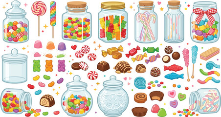 Candy jar collection featuring colorful sweets lollipops jelly beans chocolates and confectionery treats vector set