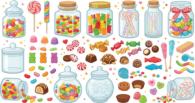 Candy jar collection featuring colorful sweets lollipops jelly beans chocolates and confectionery treats vector set