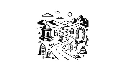 Naklejka premium Mysterious Journey Path with Ancient Symbols, Archway, and Mountains