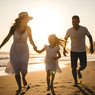 Joyful Family Running Together on Golden Sandy Beach at Sunset