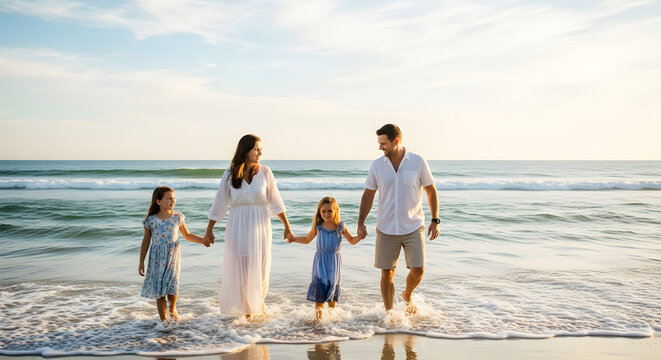Happy Family Walking on the Beach at Sunset Holding Hands