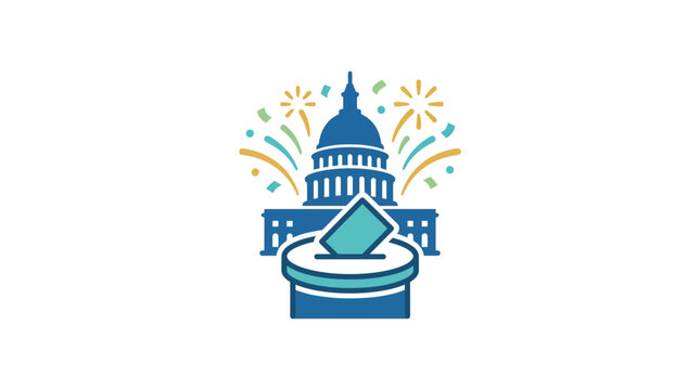 US Capitol Building Icon with Voting Ballot Box and Festive Fireworks