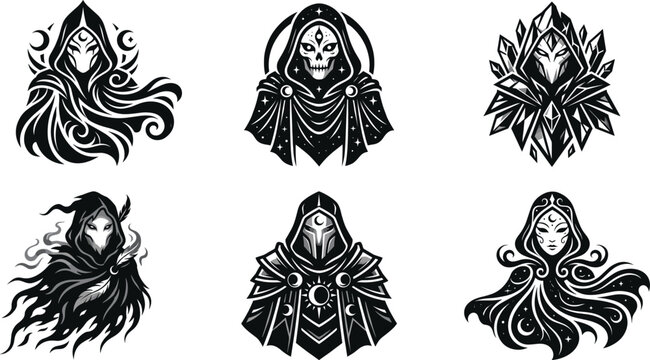 Set of six mystical hooded characters, fantasy dark cloaked figures, magical occult avatars, vector illustrations