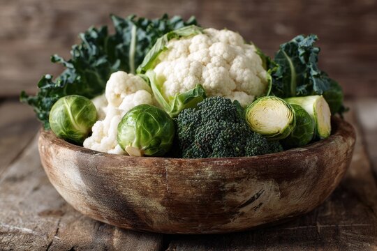 Rustic wooden bowl filled with fresh cruciferous vegetables: cauliflower, broccoli, Brussels sprouts and kale