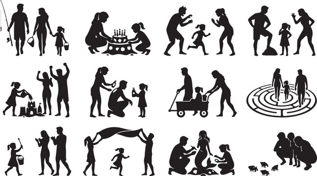 Set of family silhouettes, parents and children playing, fishing, building sandcastles, walking, and having fun together