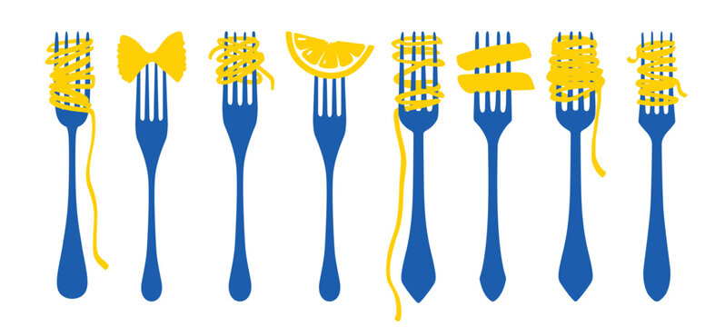Twirling pasta on fork vector illustration. Italian spaghetti noodles wrapped around vintage utensil in hand-drawn sketch style. Perfect for food poster, menu design concept