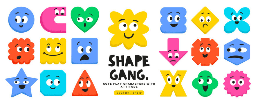 Cute geometric shapes with expressive faces and emotions. Colorful abstract figures featuring smiles, eyes, and playful characters for modern design projects