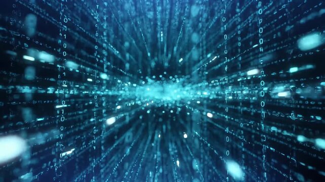 Glowing binary code forming a digital tunnel in a futuristic style on a dark background, concept of data flow