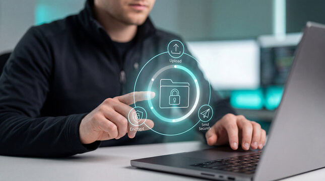 Security analyst using virtual cybersecurity interface to encrypt, upload and securely exchange protected business documents on laptop in modern workplace - Hand touching folder with padlock icon