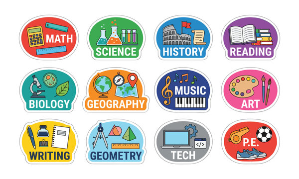Colorful school subjects vector sticker set with educational curriculum icons for math science history art music and tech