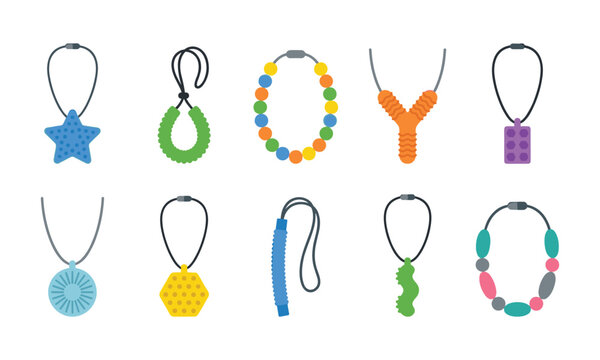 Colorful sensory chew necklaces vector set for autism, ADHD, and oral motor therapy teething jewelry
