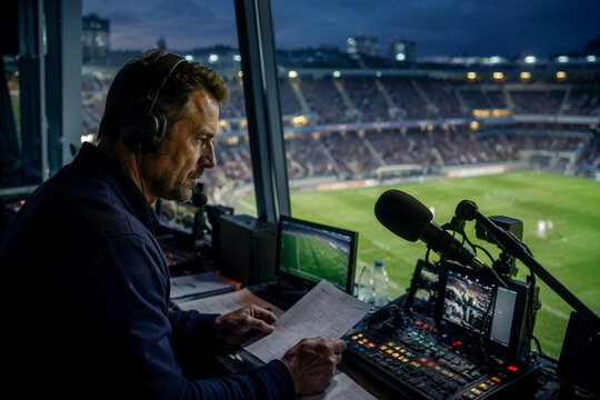 Sports commentator reviewing the match in a stadium booth at night