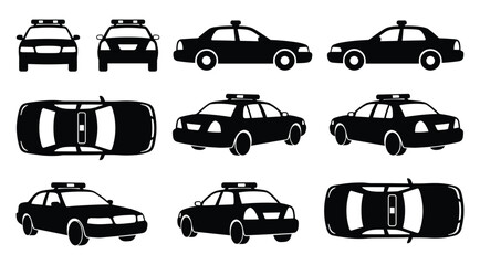 Police Sedan Car Silhouette Set Showing Front, Side, Rear, and Top Views of Law Enforcement Patrol Cars on White Background  © selena