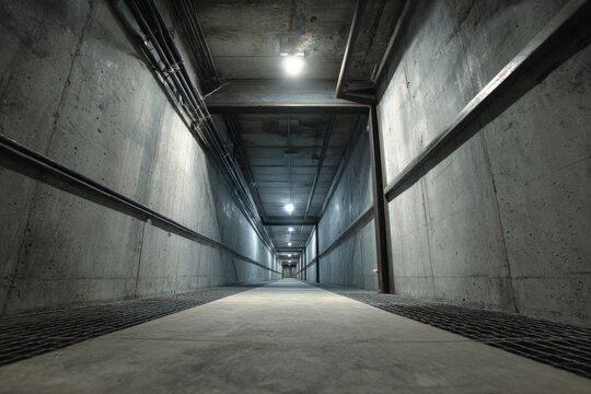 Industrial elevator shaft interior with steel beams, cables, and dim lighting