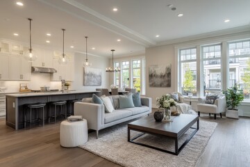 Fototapeta premium Bright modern interior featuring an island kitchen, substantial storage, and furnished living area