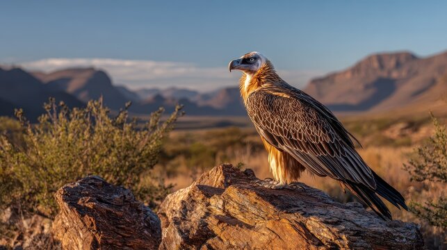 Wildlife portrait of a bearded vulture on a rocky perch under a blue sky