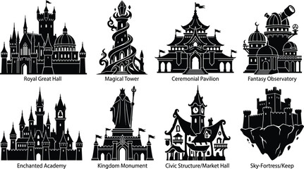 Obraz premium Set of fantasy architectural silhouette designs including castles, towers, and magical pavilions