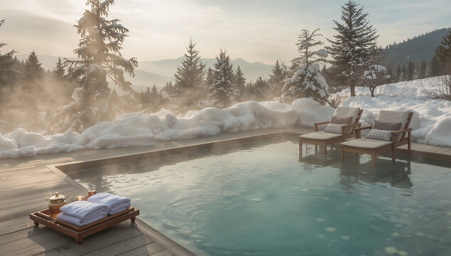 雪山の温泉リゾートで湯気とデッキチェアが並ぶ冬の写真