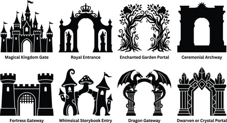 Obraz premium Set of fantasy gateway silhouette designs including magical, royal, and enchanted portals