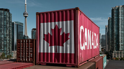 Obraz premium red shipping container painted with canada flag against city skyline representing international trade and cargo logistics
