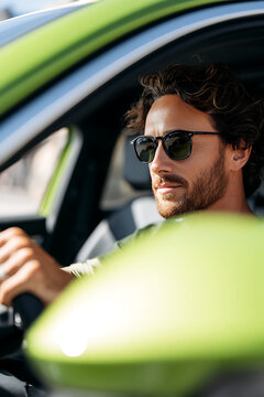 young curly positive man driving a car