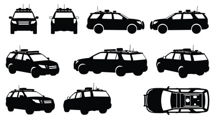 Police Patrol Car Silhouette Set Showing Front, Side, Rear, and Top Views of Law Enforcement Vehicles on White Background  © selena
