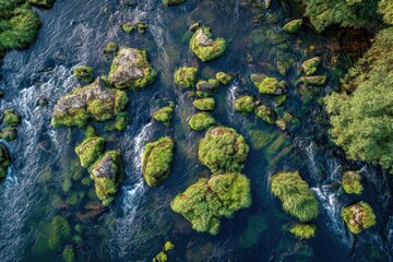 Nature portrait: rocky riverbed with grass, algae blooms, and white foam from above