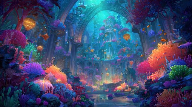 Enchanted Ocean City with Neon Coral Gardens and Glowing Marine Life