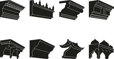 Set of architectural cornice silhouette designs showcasing classical and ornamental building styles © Anonto
