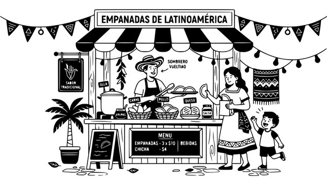 Latin American street food empanada stall scene.