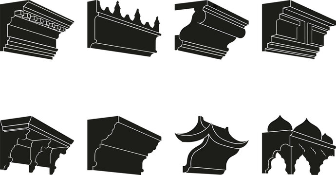 Set of architectural cornice silhouette designs showcasing classical and ornamental building styles