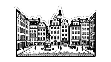 Fototapeta premium European city square historical buildings outline illustration.