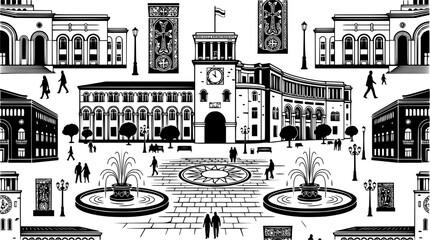Detailed European city square line art with fountain and landmarks. © jamal