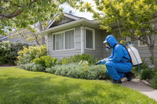 Professional pest control worker spraying exterior of a house to eliminate termite nests