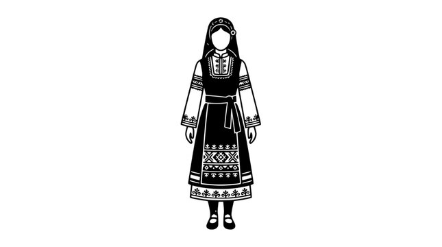 Traditional folk costume line art illustration of a woman.