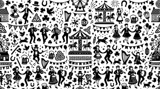 Irish folklore and festival black and white pattern.