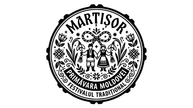 Martisor traditional Moldovan spring festival circular folk art emblem.
