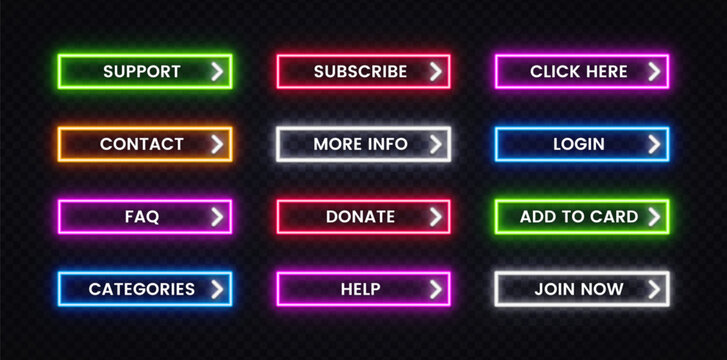 Neon rectangular web buttons with labels Support, Contact, Subscribe, FAQ and more on dark background. Bright glowing UI set for website, landing page or game.