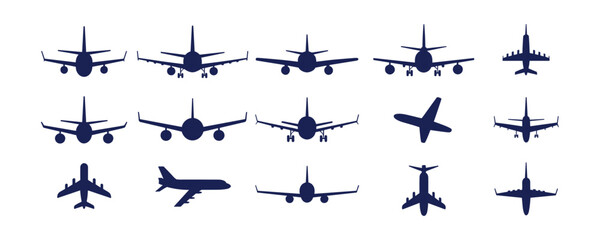 Collection of Airplane Silhouettes: A graphic collection of various airplane silhouettes, showcasing different angles and types of aircraft, ideal for design and travel themes. © Vector By Thakur