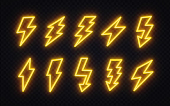 Set of 10 neon yellow glowing lightning bolt icons in various shapes and sizes on dark transparent background. Electric thunder symbols for game, sports, energy or power design.