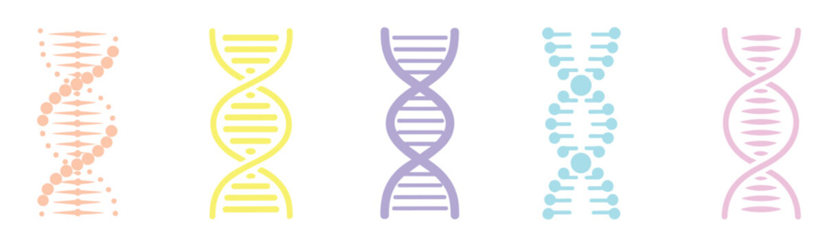 Colorful DNA Strands: A vibrant collection of five stylized DNA double helix structures, each rendered in a distinct pastel hue.